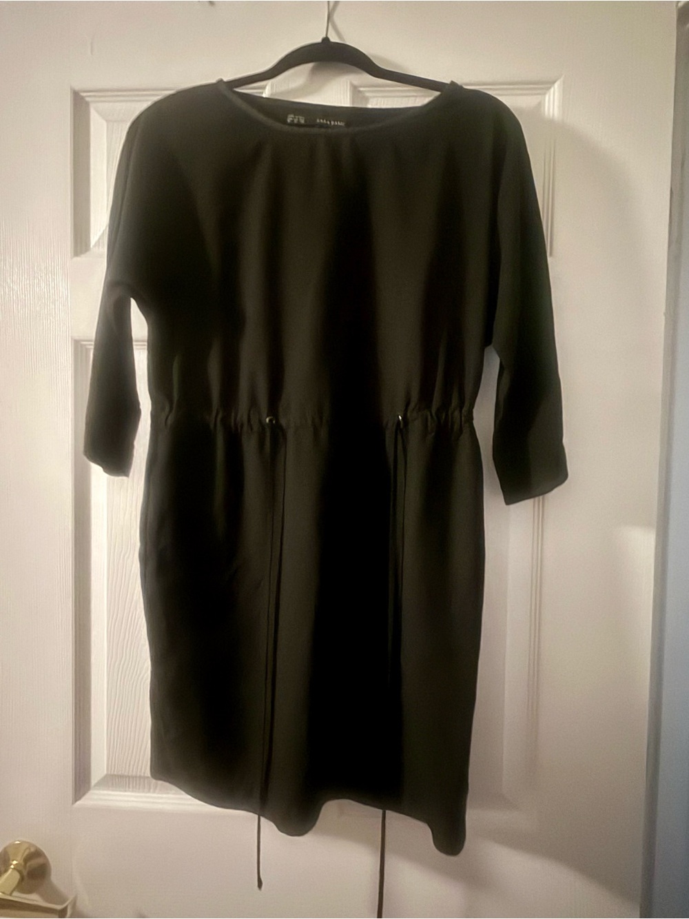 Zara Basic Black Drawstring Waist Dress | 3/4 Sleeve Minimalist Shift Dress | Li